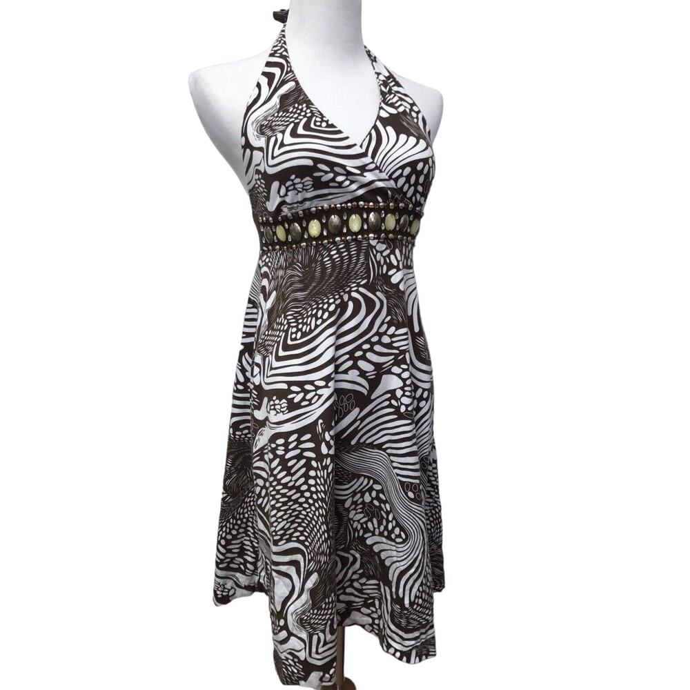 Joyous and Free Dress Womens Small Halter Shift Brown White Jewel Accents Bling